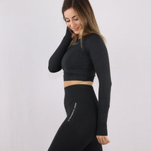 Load image into Gallery viewer, Womens long sleeve gym sports bra crop top in black, side view