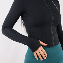 Load image into Gallery viewer, Womens Black Stretchy Zip Long Sleeve Gym Top