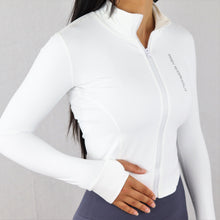Load image into Gallery viewer, White Stretchy Zip Long Sleeve BBL Running Jacket