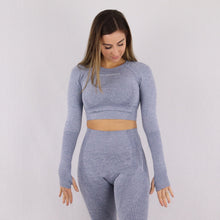 Load image into Gallery viewer, Women&#39;s Grey/Blue Classic Long Sleeve Crop Top with built in support 