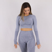 Load image into Gallery viewer, Women's Grey/Blue Classic Long Sleeve Crop Top with built in support