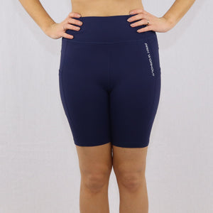 Women's Navy Blue high waisted gym shorts with pocket