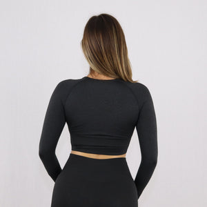 Womens long sleeve gym sports bra crop top in black, rear view