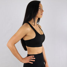 Load image into Gallery viewer, Womens gym wear Criss-Cross Strap Sports Bra in Black, side view
