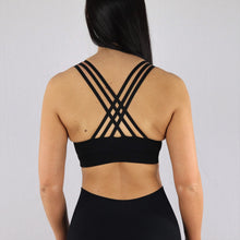 Load image into Gallery viewer, Womens gym wear Criss-Cross Strap Sports Bra in Black, rear view