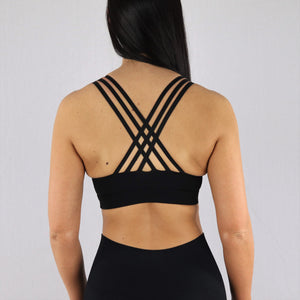 Womens gym wear Criss-Cross Strap Sports Bra in Black, rear view