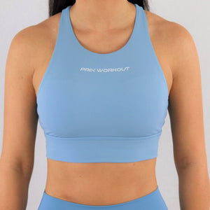 blue high neck sports bra