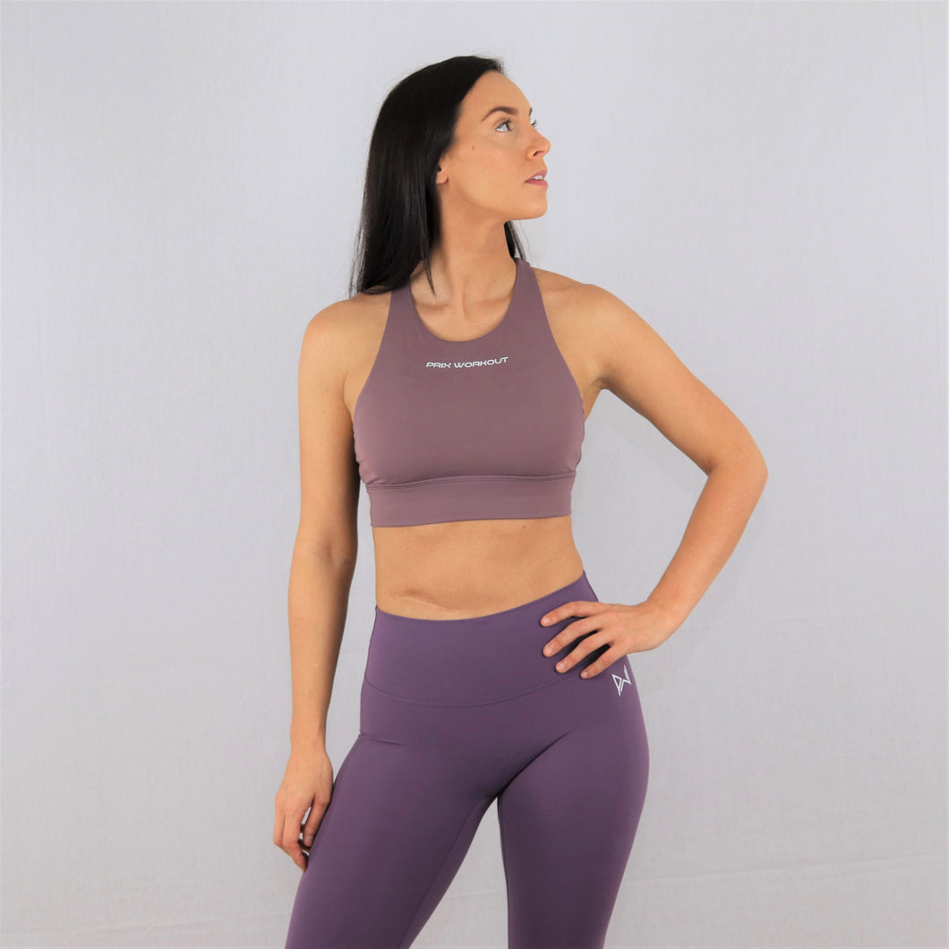 Purple high neck sports bra