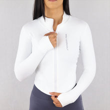 Load image into Gallery viewer, White Stretchy Zip Long Sleeve BBL Running Jacket