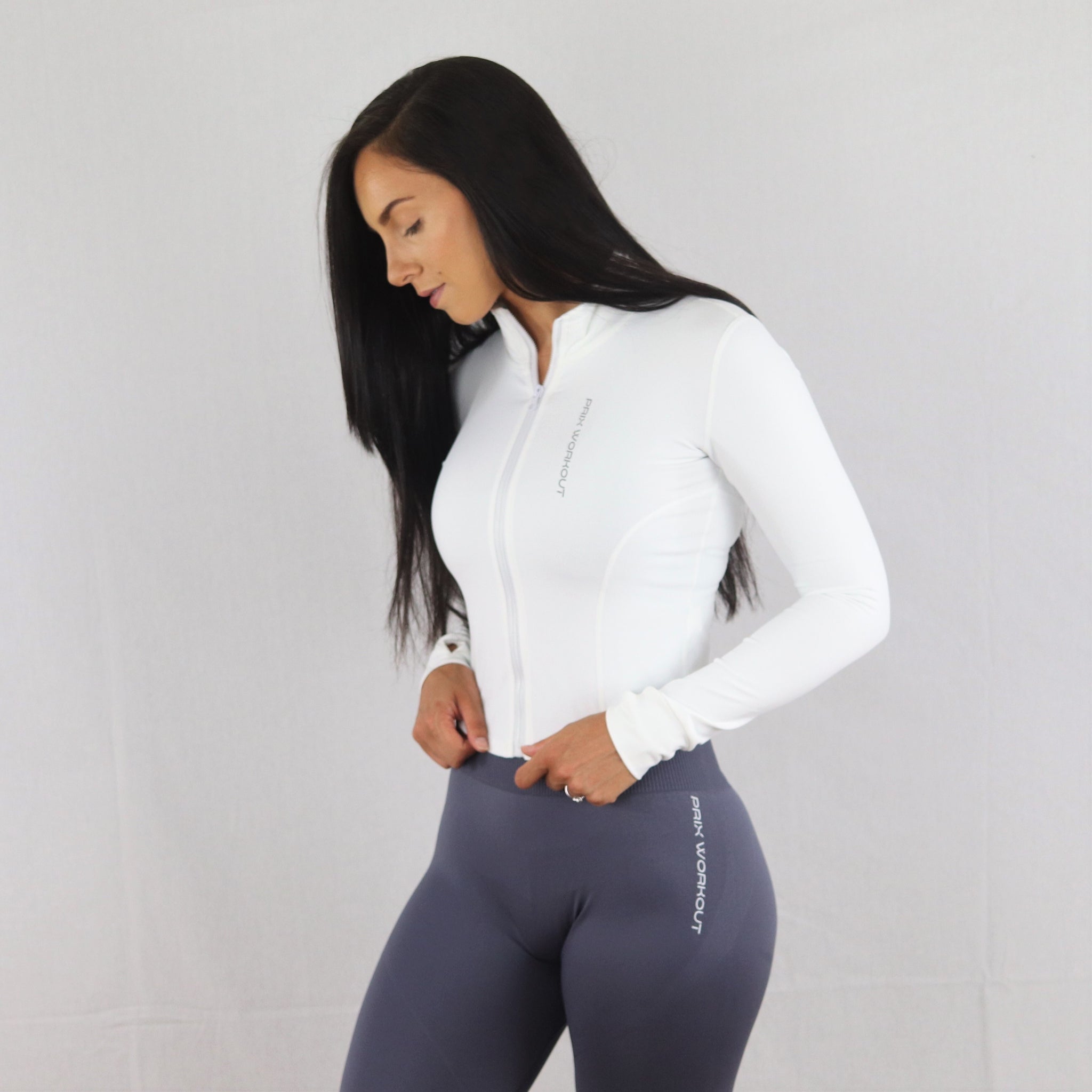 Women Seamless Workout Outfits 2pcs Sport Long Sleeve Zipper And Legging  White Gray